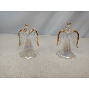 Lot of 2 Avon Glass Angel Ornaments Vintage Gold Trim Iridescent Christmas w/ Bo